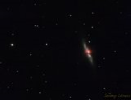 'Come on here, dear boy, have a cigar...' a Cigar Galaxy, that is. M82 is in close proximity to M81 (Bode's Galaxy) and it's believed that gravitational interactions between the two created what is known as a 'starburst' that can be easily seen in the middle.