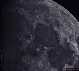 A close up of the 'northeast, upper left' portion of the August 2022 supermoon. You can clearly see ridges of long mountain ranges and prominent craters including Plato, Cassini, Eratosthenes, and more.