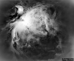 A candid look at the Great Orion Nebula, relieved of stars and unburdened of color.