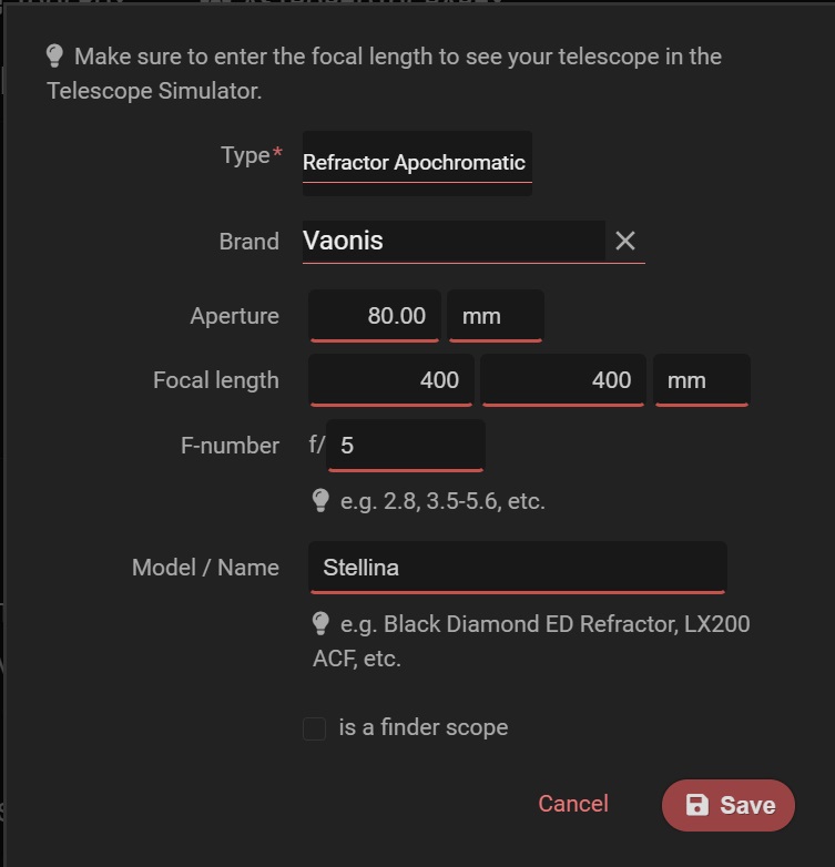 Enter the details of your telescope