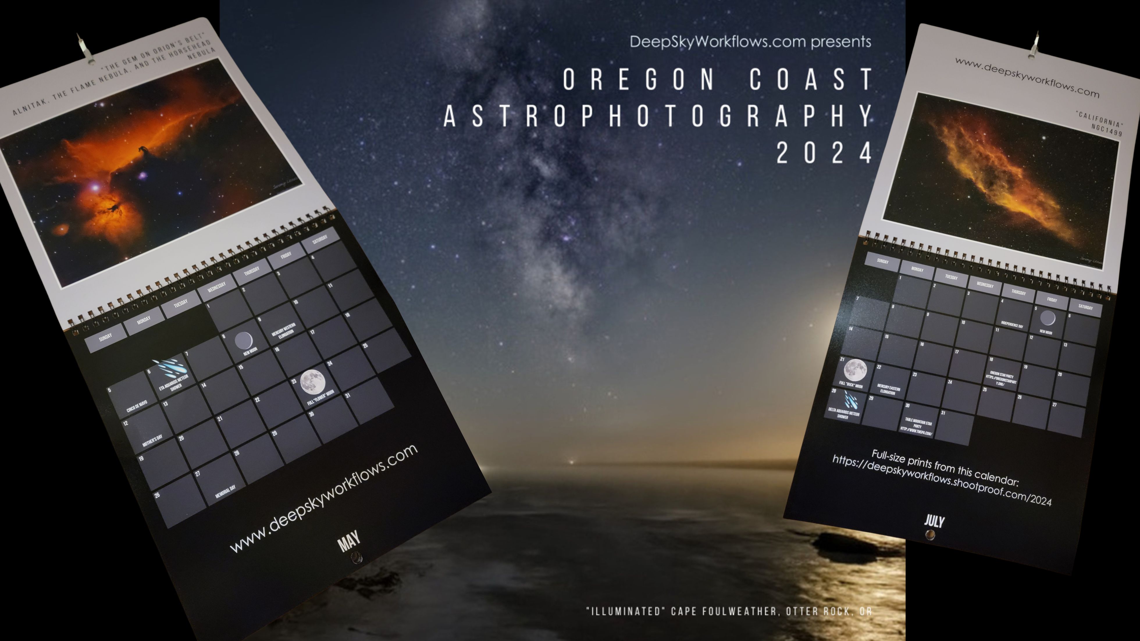 The 2024 calendar shares print-quality photographs taken either of or from the Oregon Coast between Waldport and Otter Rock. It includes important dates such as elongations, oppositions, moon phases, super-moons, meteors, and even some star parties in the Pacific Northwest.