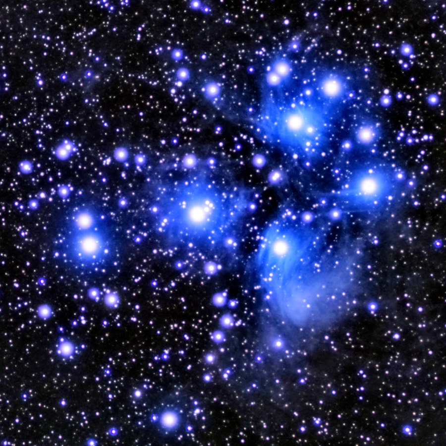 Easily visible as bright pinpoints of light almost resembling a tiny version of the Big Dipper, the Pleiades go by many names including the Seven Sisters. They are the closest Messier object and the most recognizable cluster visible to the unaided eye. With longer exposures, thin filaments of nebulosity that reflect the young stars' blue glow appear, each enveloping one of the major stars including Maia and Merope. This shot was processed from 30 3-minute exposures.