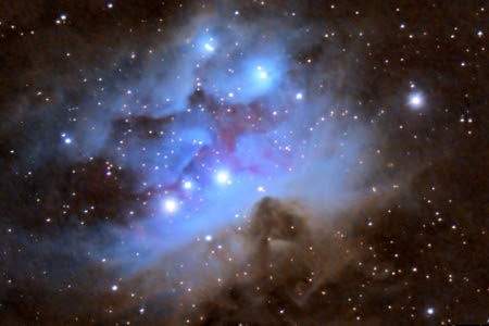The running man nebula is actually three nebulae in close proximity. Together they reflect and emit light that radiates with beautiful hues of cyan and purple. Surrounded by a frame of dark interstellar dust, the combination and orientation gives the impression of someone running mid-stride with their arms out in front and back. The fine details are revealed with long exposures at high magnification.