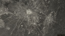 A close up of the large crater named Copernicus on the moon, with smaller but prominent Kepler to the side.