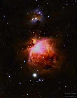 Revisiting existing data to produce an even better result: the exposures were few, but the rewards were many. This is M42: the Great Orion nebula, shot in SHO (sulfur, hydrogen, oxygen). Four 5-minute exposures per filter is exactly one-hour total integration time.