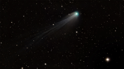 The Devil's Comet earned its nickname due to cryovolcanic activity. Explosions of gases have been observed and one image gave it a distinct horned aspect. Comet 12P/Pons-Brooks is periodic, with an orbit every 71 years, making it a Halley-type comet. This year it was especially bright. I only had a few hours to image it after dusk, so I used a fast HyperStar system from the deck of some friends with an ocean view to avoid obstructions on the horizon. The comet is known for having an amazingly long and intricately detailed tail. It is in close proximity to bright star Hamal that glows like a diamond, hence: the Devil's diamond.