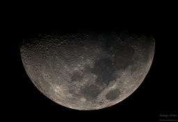 This is an 'almost' half-illuminated moon, one day past first quarter. I took this image during the day while aligning and focusing my telescope. The moon was high and seeing was above average for my location, so I captured this image.