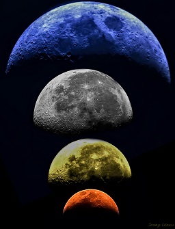 Four unfiltered images of the moon: a blue taken by day, a yellow due to fog, and a red due to forest fire smoke in addition to the traditional gray.