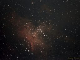 Located along the 'spine' of the Milky Way near several other popular nebulae, M16 has many names from the Star Queen to the Eagle Nebula. A vast emission nebula, at its heart lies the fabled Pillars of Creation. Just over 3 hours exposure went into this image.