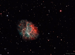 The first nebula I photographed is also the first item in the Messier Catalog. M1, also referred to as the Crab Nebula, is the remnant of a supernova estimated to have occurred less than 10,000 years ago, with the light taking around 6500 yeas to reach us. At the center sits a spinning neutron star. I decided to revisit M1 as my project for the week. This is the result of 6 hours of exposure over three nights. Processed a second time with BlurXTerminator.