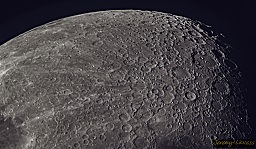 A close up of the craters at the moon's polar region.