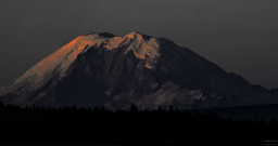 The sunrise glows on the melting snow barely covering Mt. Rainier.