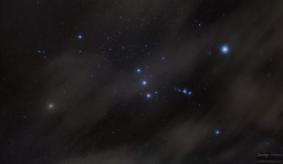 I brought my camera along for a trip when we had unexpectedly clear skies. Of course, the clouds rolled in just as I began to photograph Orion. Instead of fighting the clouds, I accepted them as Orion's shroud.