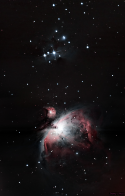 The Running Man Nebula (NGC1977), De Mairan's Nebula (M42) and the Great Orion Nebula (M43) are beautiful on their own. That beauty stands out in contrast when you witness the wider field of view that contains all three Nebulae on the glowing tip of Orion's sword. This is a mosaic of all three with 400mm exposures from Stellina.