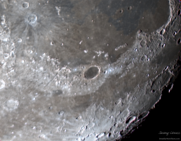 This detailed color image centers on the beautiful crater Plato just beneath Mare Imbrium (the Sea of Showers). Up and right from Plato is the short Montes Recti range. In the upper left the two distinctive craters are Kepler and Copernicus. Copernicus is the bigger one.