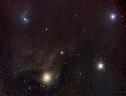 I took advantage of low horizons in a dark site to capture this close-up of the elusive Rho Ophiuchi system with bright yellow Antares, purple-bluish Alniya and the M4 and NGC6144 clusters.