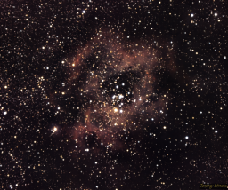 A wider field shot of the Rosette Nebula composite of two nights at two and three-minute exposures.