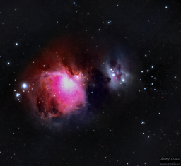 The third of four pictures from my shakedown/first light test of the new rig. This is M42 (Great Orion Nebula), M43, and NGC1977 (Running Man Nebula) otherwise known as 'Orion's sword.' About 45 minutes of total integration time.